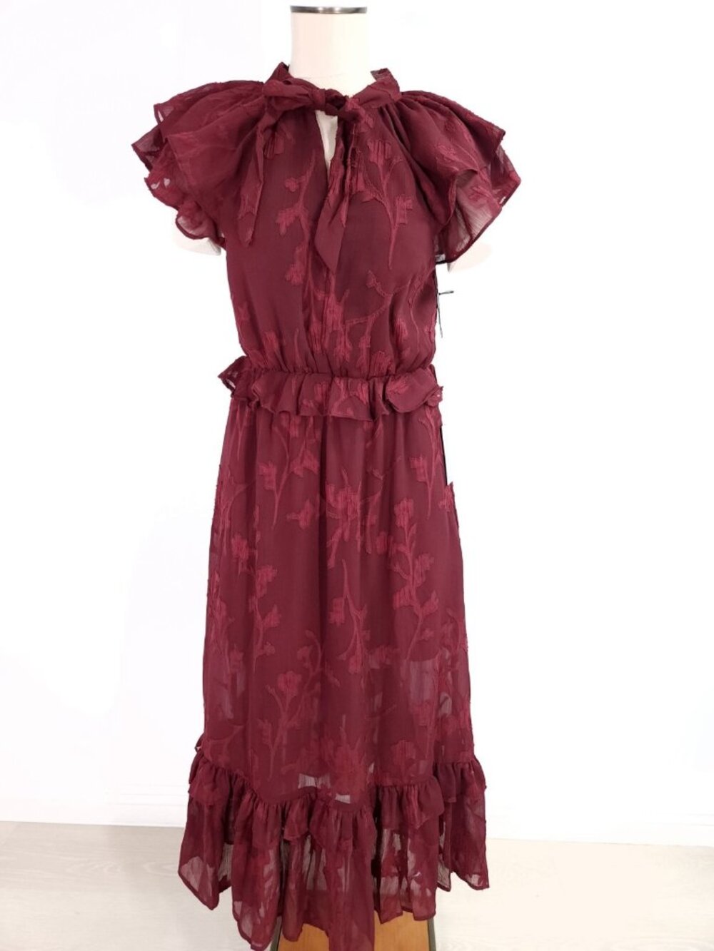 Mila Mae Chiffon Midi Dress Large Wine Red Floral Jacquard Ruffle Romantic